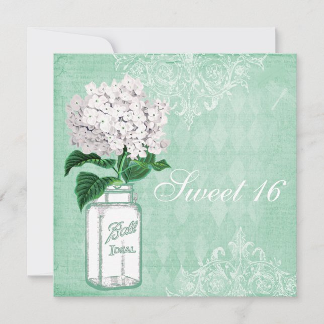 Convite Mint Chique Mason Jar & Hydrangea Sweet 16 (Frente)