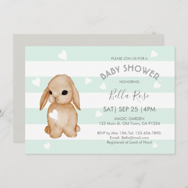 Convite Mint Cinza Bunny Baby Shower Invants (Frente/Verso)