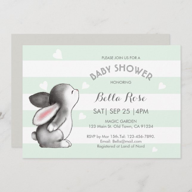 Convite Mint Cinza Heart Bunny Baby Shower (Frente/Verso)