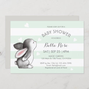 Convite Mint Cinza Heart Bunny Baby Shower