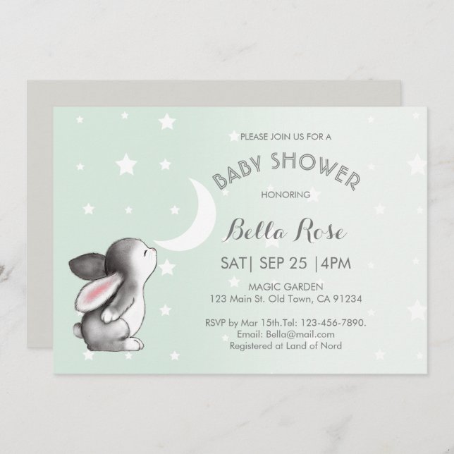 Convite Mint Cinza Moon Stars Bunny Baby Shower (Frente/Verso)