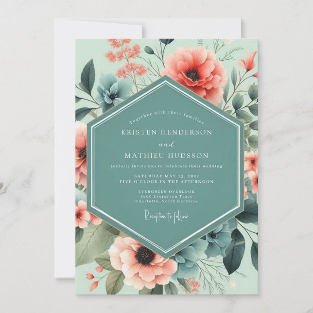 Convite Mint Coral Artistic Bloom Wedding (Frente)