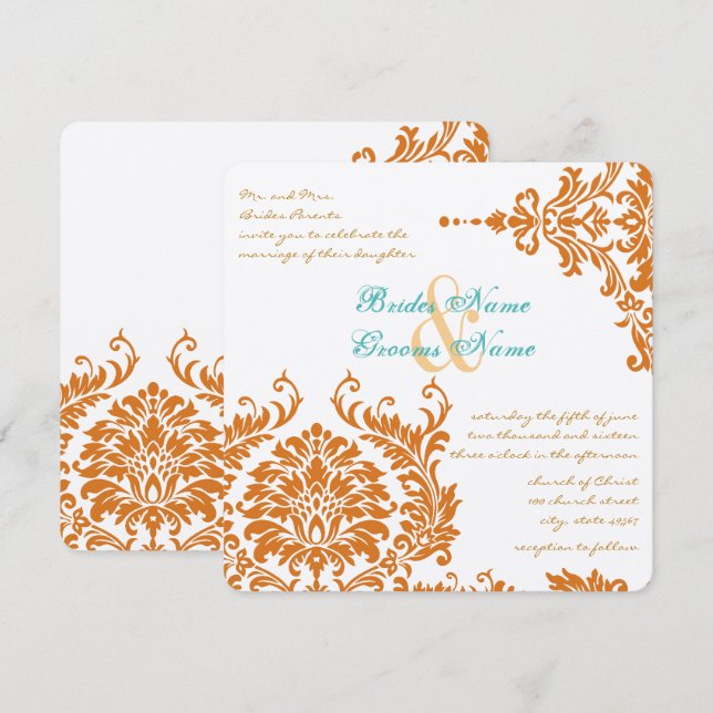 Convite Mint Coral Vintage Casamento tema damasco Floral I (Frente/Verso)