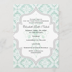 Convite Mint Cross White Damask burlap First Commune