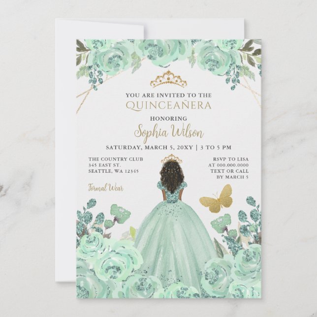Convite Mint Dourada Floral Princess Quinceañera Quince (Frente)