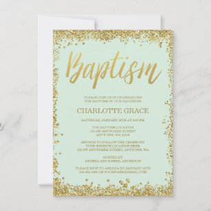 Convite Mint Dourado Faux Glitter Baptism Invances