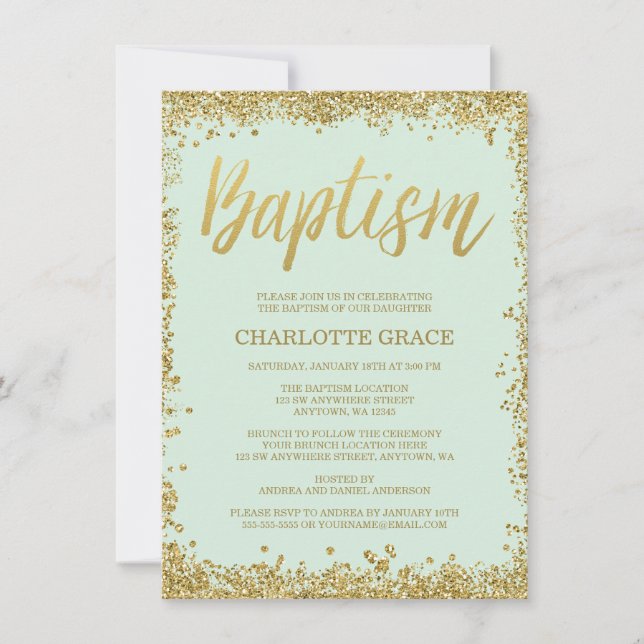 Convite Mint Dourado Faux Glitter Baptism Invances (Frente)