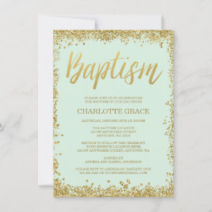 Convite Mint Dourado Faux Glitter Baptism Invances