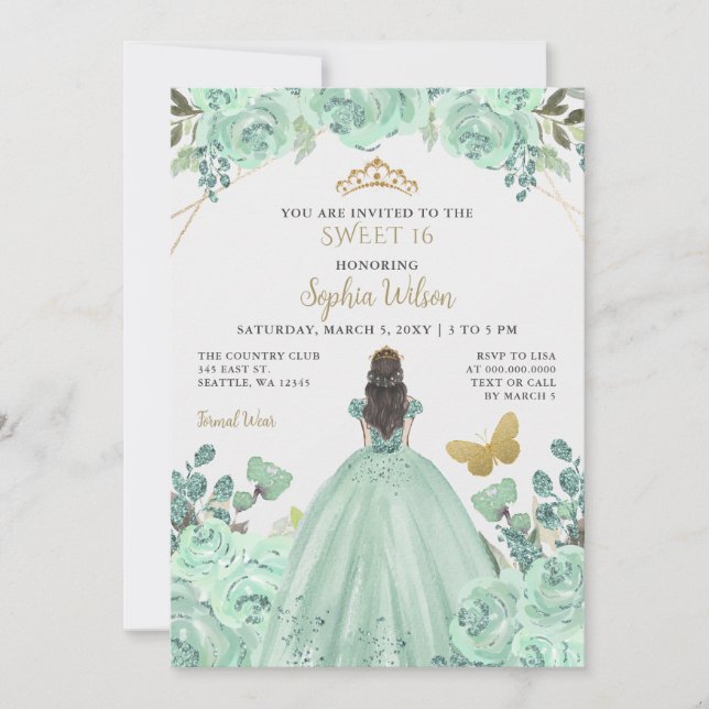 Convite Mint Dourado Floral Princess Butterfly Sweet 16 (Frente)