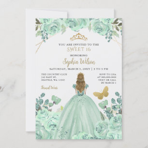 Convite Mint Dourado Floral Princess Butterfly Sweet 16