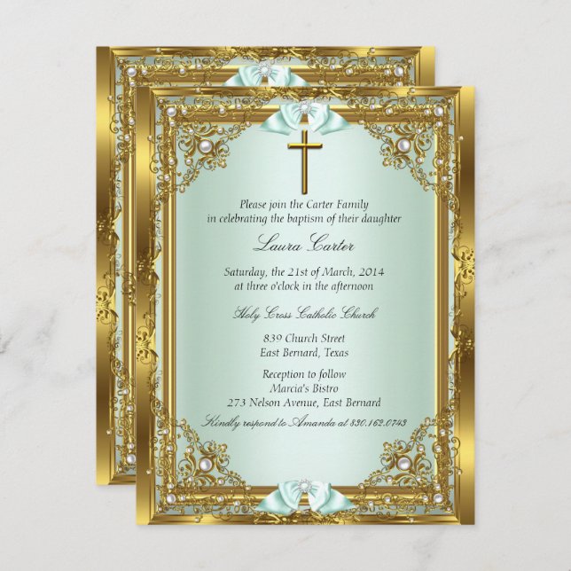 Convite Mint Dourado Pearl Damask Cross Baptism Christenin (Frente/Verso)