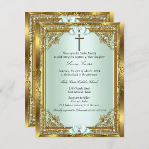 Convite Mint Dourado Pearl Damask Cross Baptism Christenin