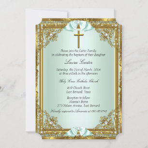 Convite Mint Dourado Pearl Damask Cross Baptism Christenin