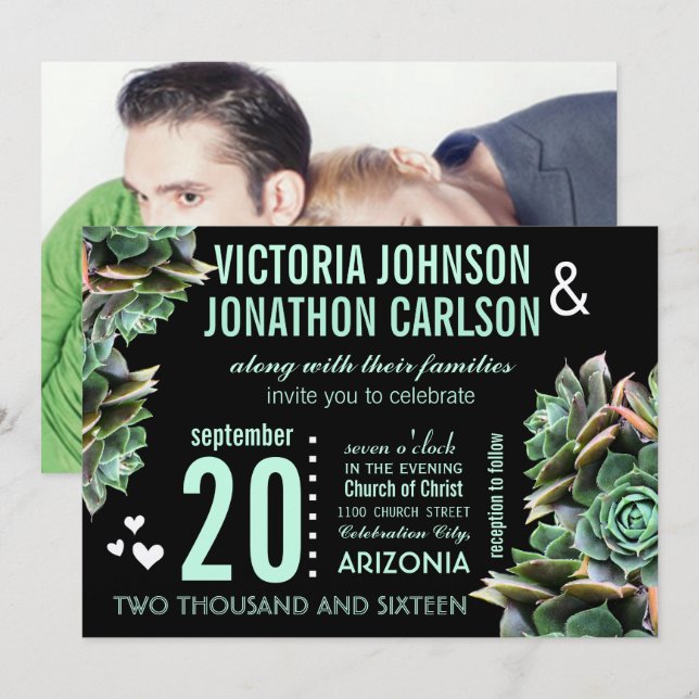 Convite Mint e Black Your Photo Succulent Modern Weding (Frente/Verso)