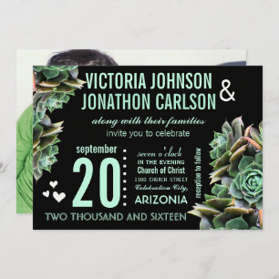 Convite Mint e Black Your Photo Succulent Modern Weding
