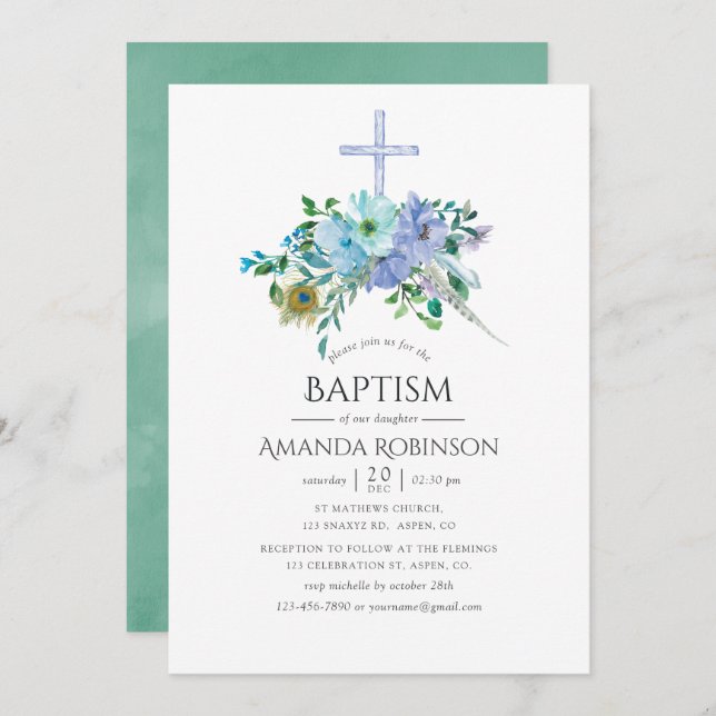 Convite Mint e Blue Boho Baptism ou Christening (Frente/Verso)