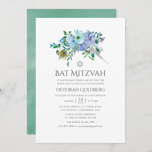 Convite Mint e Blue Boho Floral Bat Mitzvah (Frente/Verso)