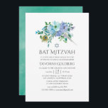 Convite Mint e Blue Boho Floral Bat Mitzvah<br><div class="desc">Mint e Blue Boho floral bat mitzvah convida com penas de pavão concebidas para serem rápida e facilmente personalizadas.</div>
