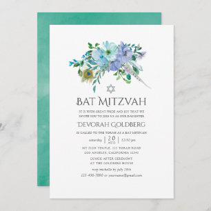 Convite Mint e Blue Boho Floral Bat Mitzvah