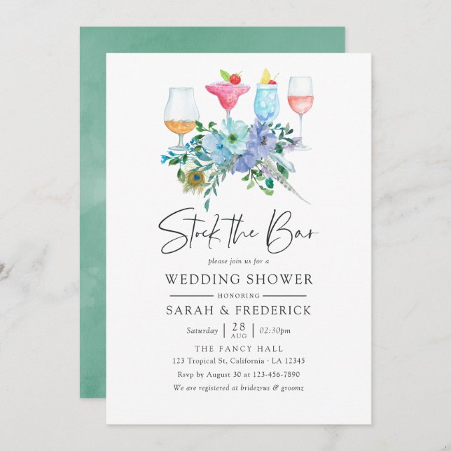 Convite Mint e Blue Boho Floral Stock do Bar (Frente/Verso)