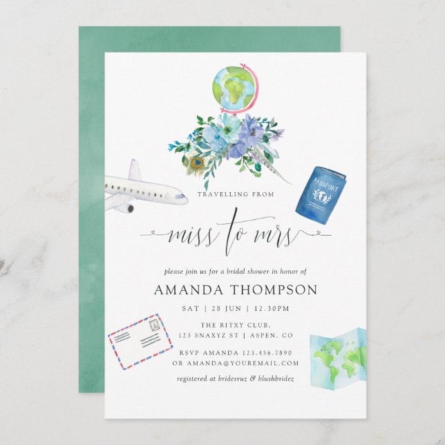 Convite Mint e Blue Boho Miss para a Sra. Chá de panela (Frente/Verso)