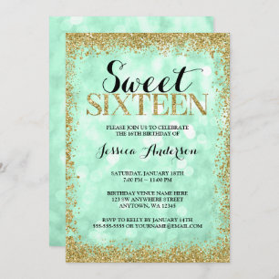 Convite Mint Faux Glitter Lights Sweet 16 Birthday