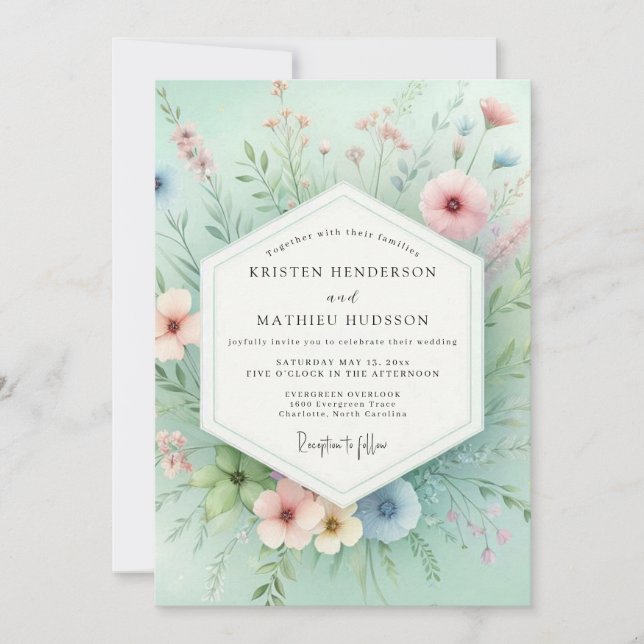 Convite Mint Floral Meadow Romance Wedding (Frente)