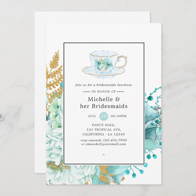 Convite Mint Floral Wedding Bridesmaids Luncheon (Frente/Verso)