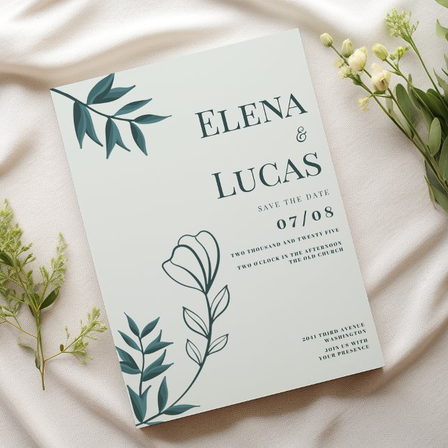 Convite Mint Greayish Cyan abstrato esboço floral (Mint grayish cyan abstract sketch floral Wedding)