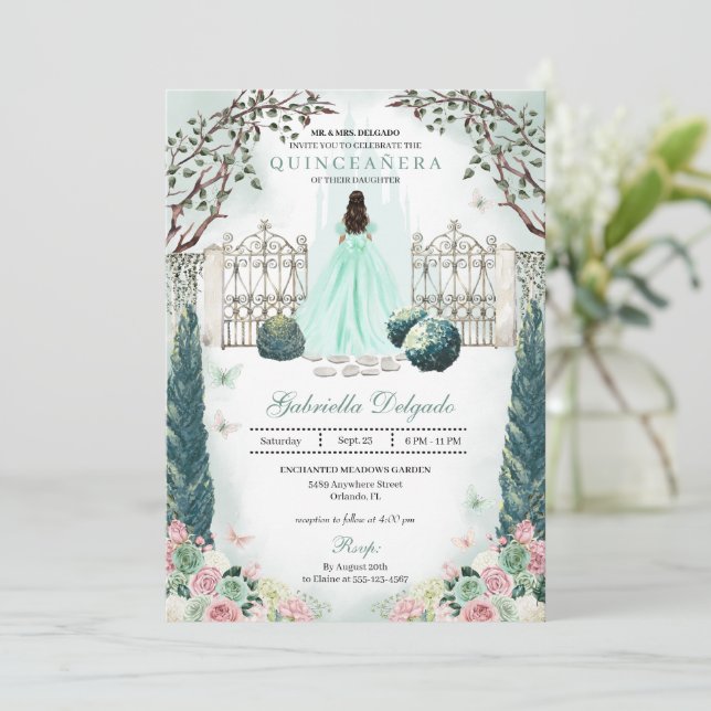 Convite Mint Green Blush Encantado Jardim Quinceanera (Em pé/Frente)