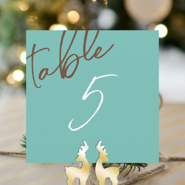 Convite Mint Green, Brown Wedling Table Number (mint green chocolate brown elegant script calligraphy wedding table number sign for reception table)