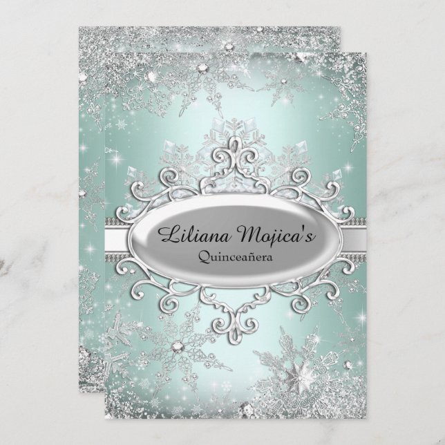 Convite Mint Green Crystal Snowflake Princesa Quinceanera (Frente/Verso)