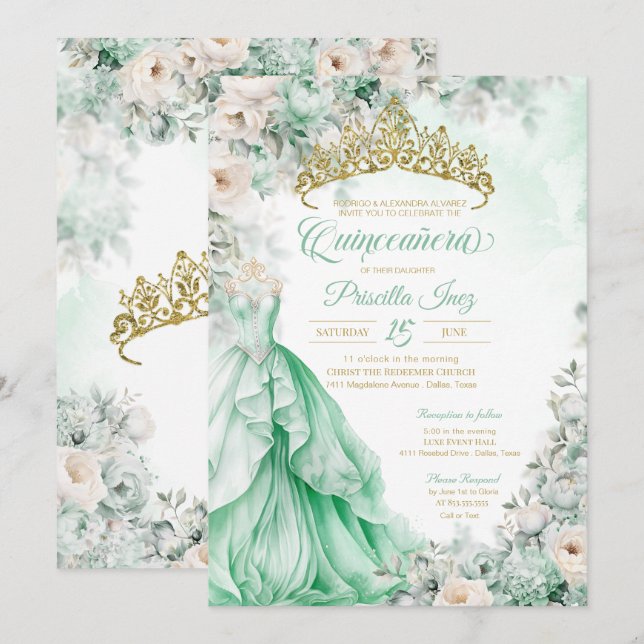 Convite Mint Green Dourada Elegante Princesa Quinceañera (Frente/Verso)