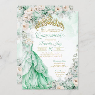 Convite Mint Green Dourada Elegante Princesa Quinceañera