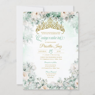 Convite Mint Green & Dourada Watercolor Quinceañera Floral