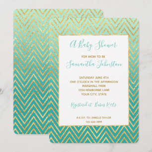 Convite Mint Green Dourado Glam Chevron Ombre
