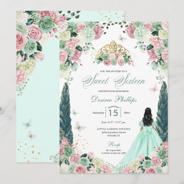 Convite Mint Green e Blush Encantado Jardim Sweet Dezessei (Frente/Verso)