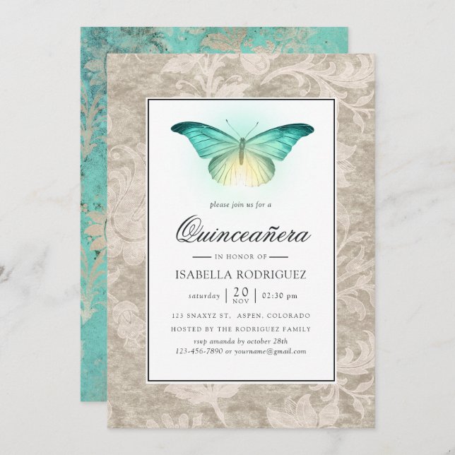 Convite Mint Green e Pearl Damask Quinceañera (Frente/Verso)