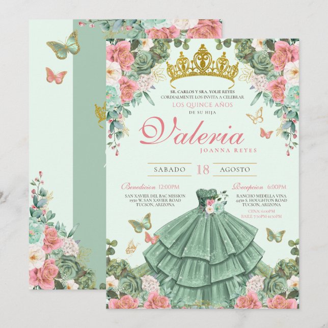 Convite Mint Green e Pink Elegante Princesa Quinceañera (Frente/Verso)