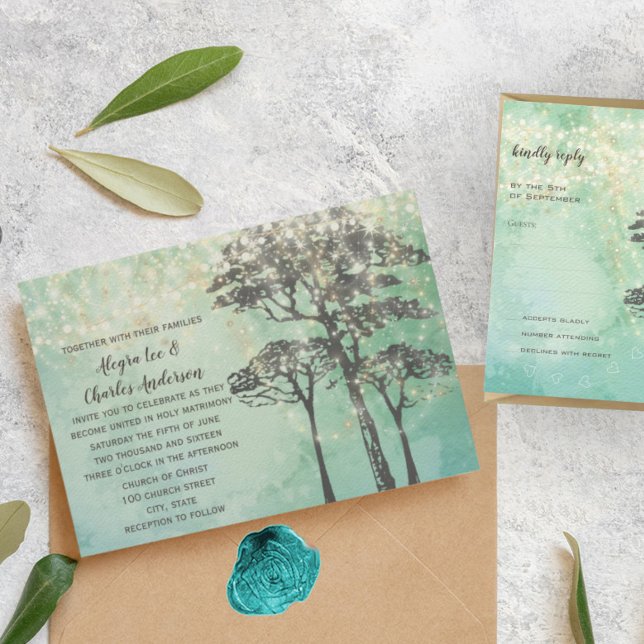 Convite Mint Green Fairy Lights Woodsy Invitation (Criador carregado)