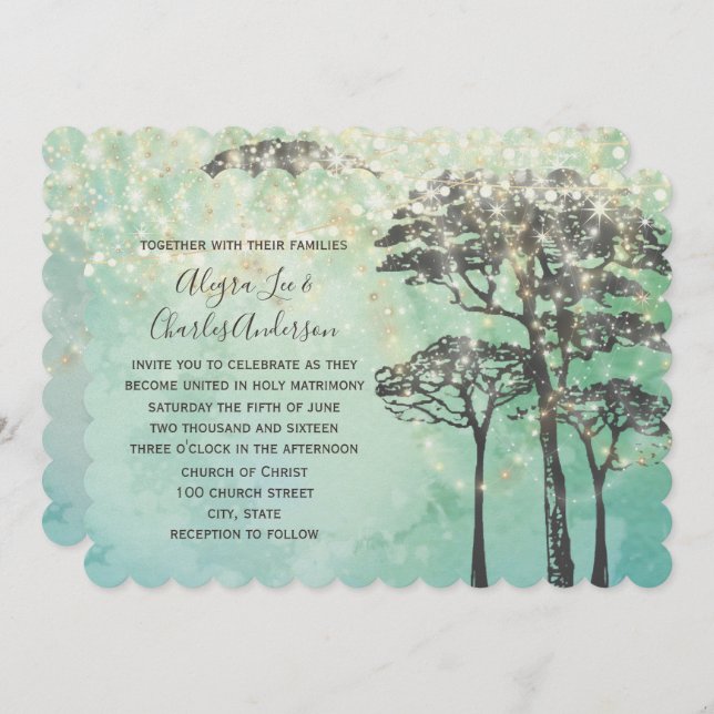 Convite Mint Green Fairy Lights Woodsy Invitation (Frente/Verso)