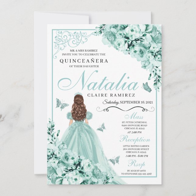 Convite Mint Green Floral Butterflies Quinceanera (Frente)