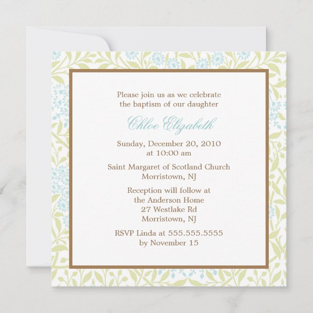 Convite Mint Green Floral Damask Christening (Frente)