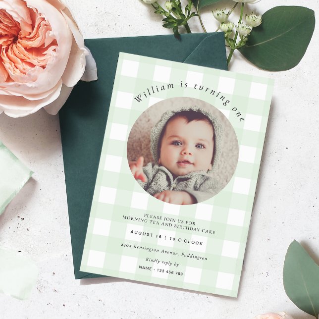Convite Mint Green Gingham Photo Birthday (Birthday Photo Invitation Mint Green Gingham Check)