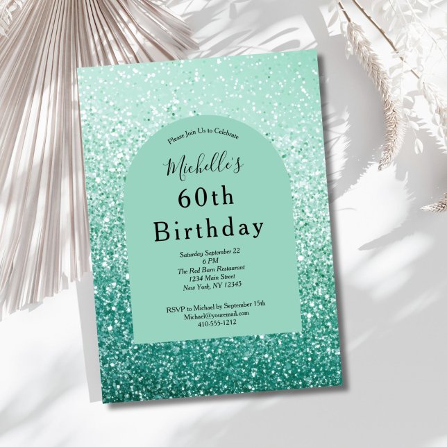 Convite Mint Green Glitter Glam Bling 60th Birthday (Mint Green Glitter 60th ( or any year ) birthday invitation for her. Glam Bling. Printed or Digital)