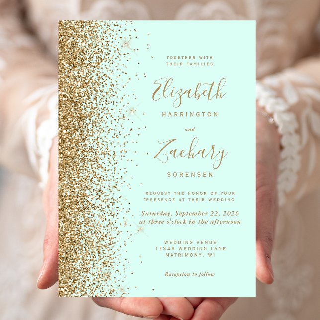 Convite Mint Green Gold Glitter Wedding (Criador carregado)
