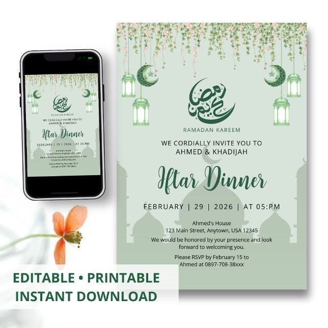 Convite Mint Green Hanging Vines Ramadan Iftar Invitation (Criador carregado)