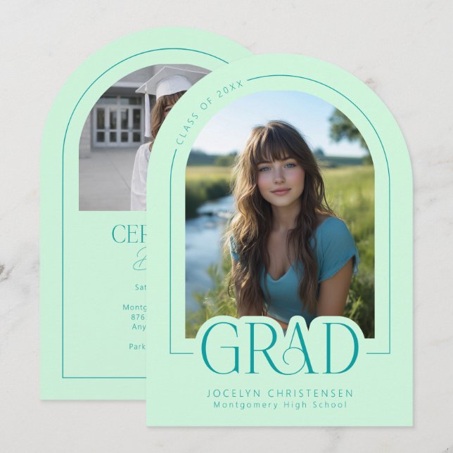 Convite Mint Green Modern Minimal Grad Photo Announcement (Frente/Verso)