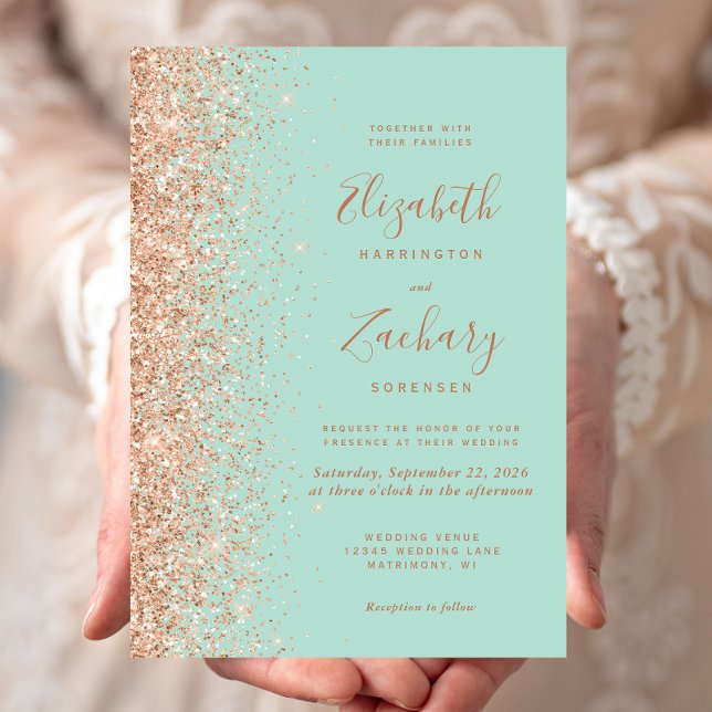 Convite Mint Green Peach Glitter Wedding (Criador carregado)