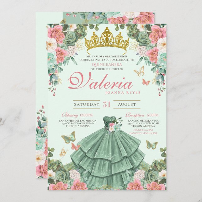 Convite Mint Green Pink Roses Butterfly Princess Quince (Frente/Verso)